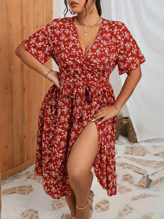 Basic Casual Jurken Finjani Jurk Plus Size Vrouwen Kleding Allover Bloemenprint Verstoorde Zoom Jurk Zomer Boog Voor Gordel Feestjurken 230717