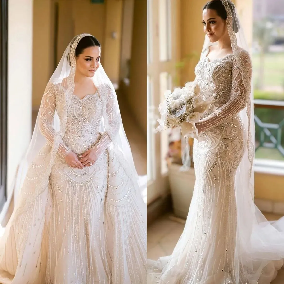 Luxury Beading Wedding Mermaid Dresses Vintage Full Sleeve Bridal Gowns Illusion Crystal Party Dress Vestido De Novia