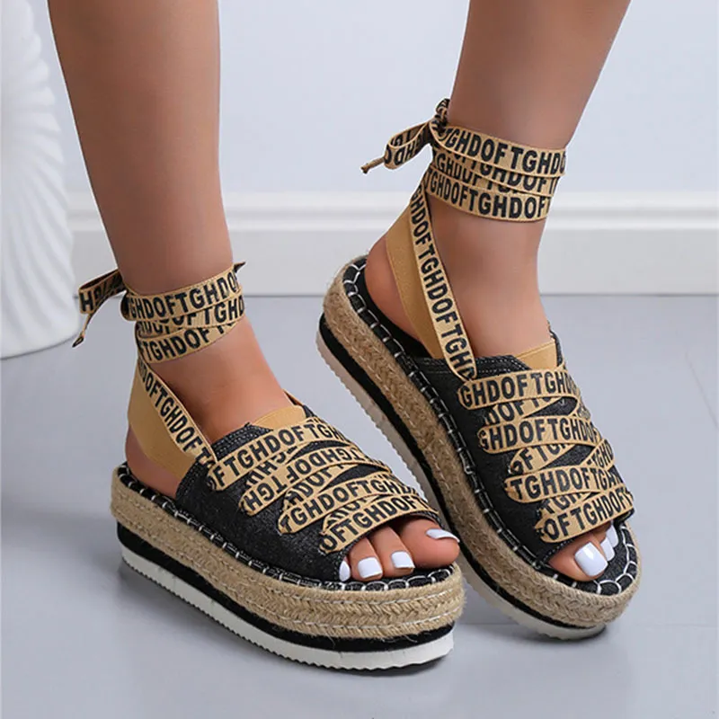 Sandaler stor storlek Kvinnor Summer Canvas Casual Single Shoes Ankle Cross Straps Fashion Muffin Flat Heels Platform 230718