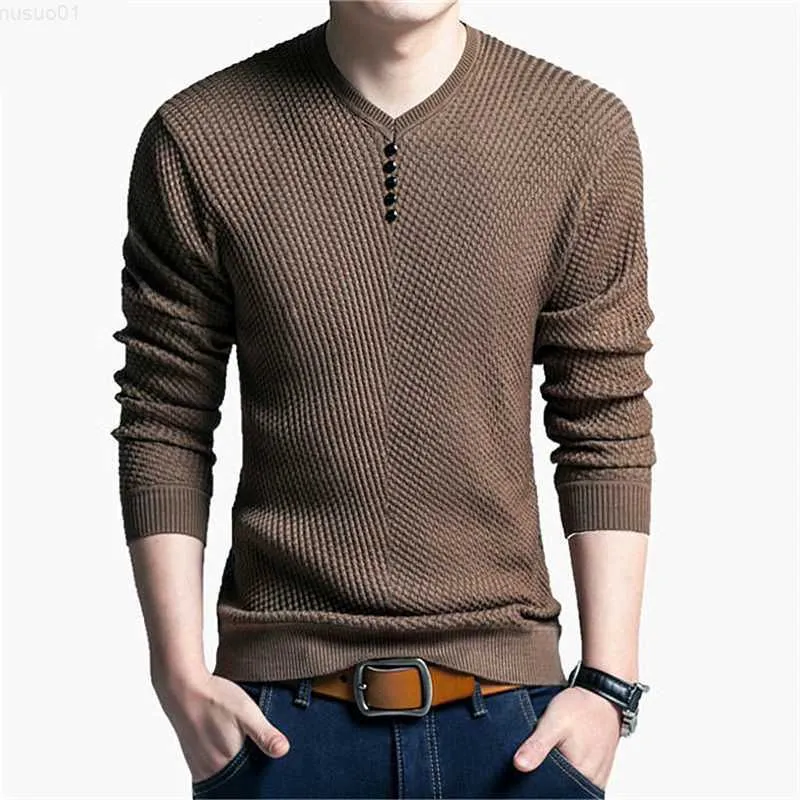 High Quality Wool Cashmere Mens Henley Sweater Solid Color V Neck