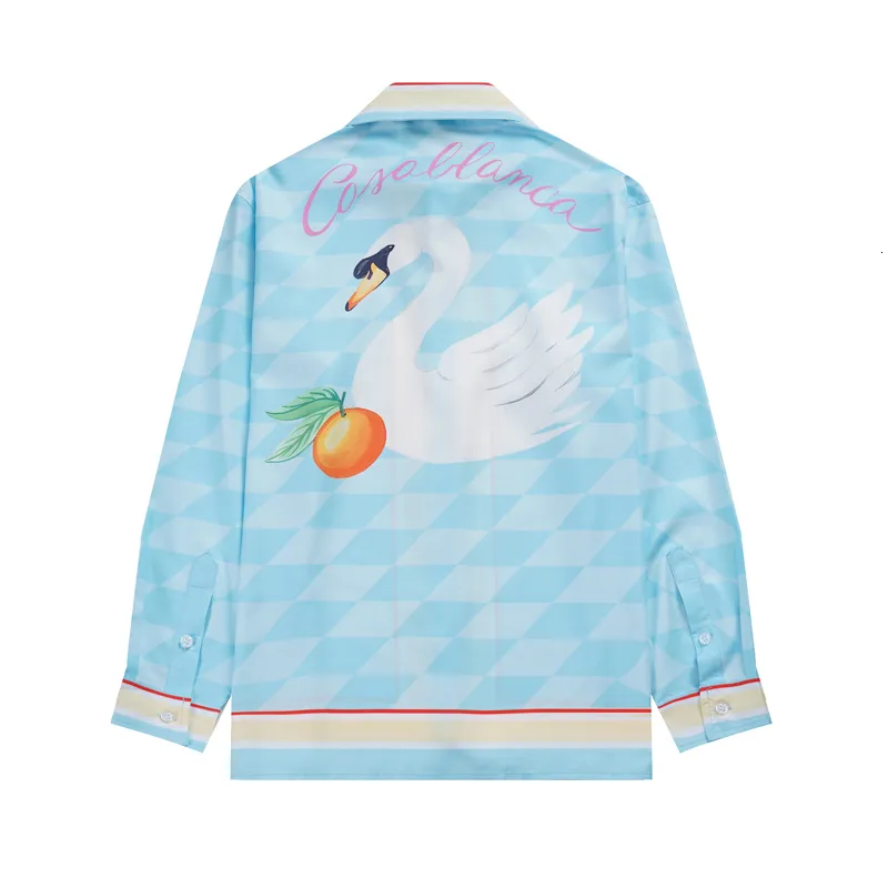 Męskie koszule Orange Swan Print Pink Casablanca Shirt Cienka jedwabna ubrania mężczyźni kobiety Wysokiej jakości Orzie Hawaii Beach Long Bluzka 230718