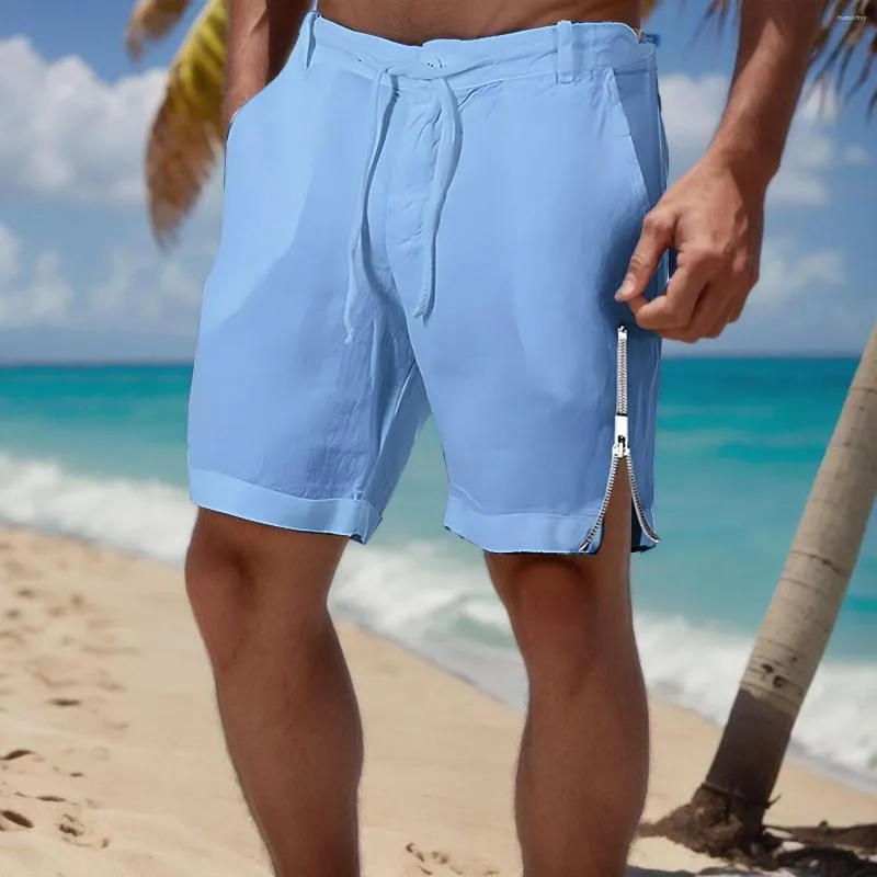 Männer Shorts Baumwolle Leinen Seite Zipper Hosen Mann Sommer Atmungs Einfarbig Hosen Fitness Strand Streetwear Sweatshort