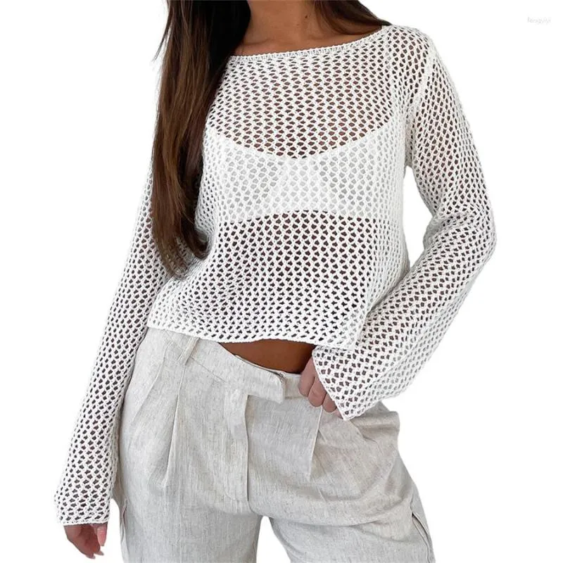 Kvinnors tröjor Summer Cutout Knit Crop Topps Solid Color Cover-Ups SMOCKS CASUAL STREET Långärmad O Neck-virkning ihålig