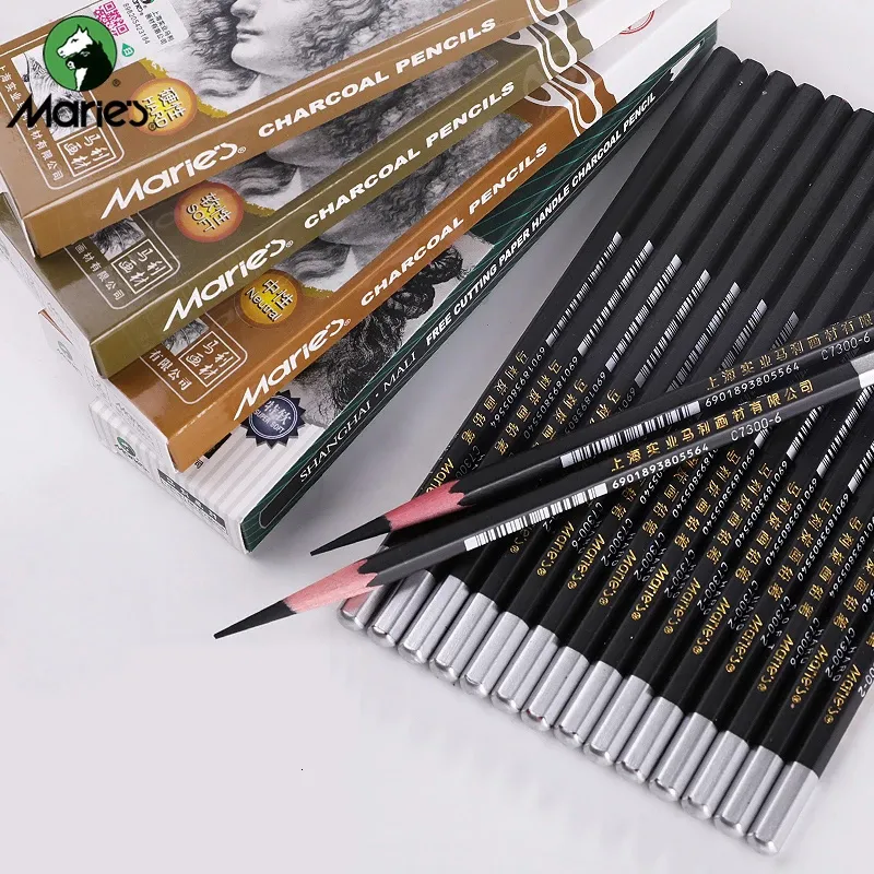 Other Office School Supplies Maries 12Pcs Wood Charcoal Pencil Set Soft Neutral Hard Black Sketch Charcoal for Artist Painting Drawing Pencil Art Supplies 230719