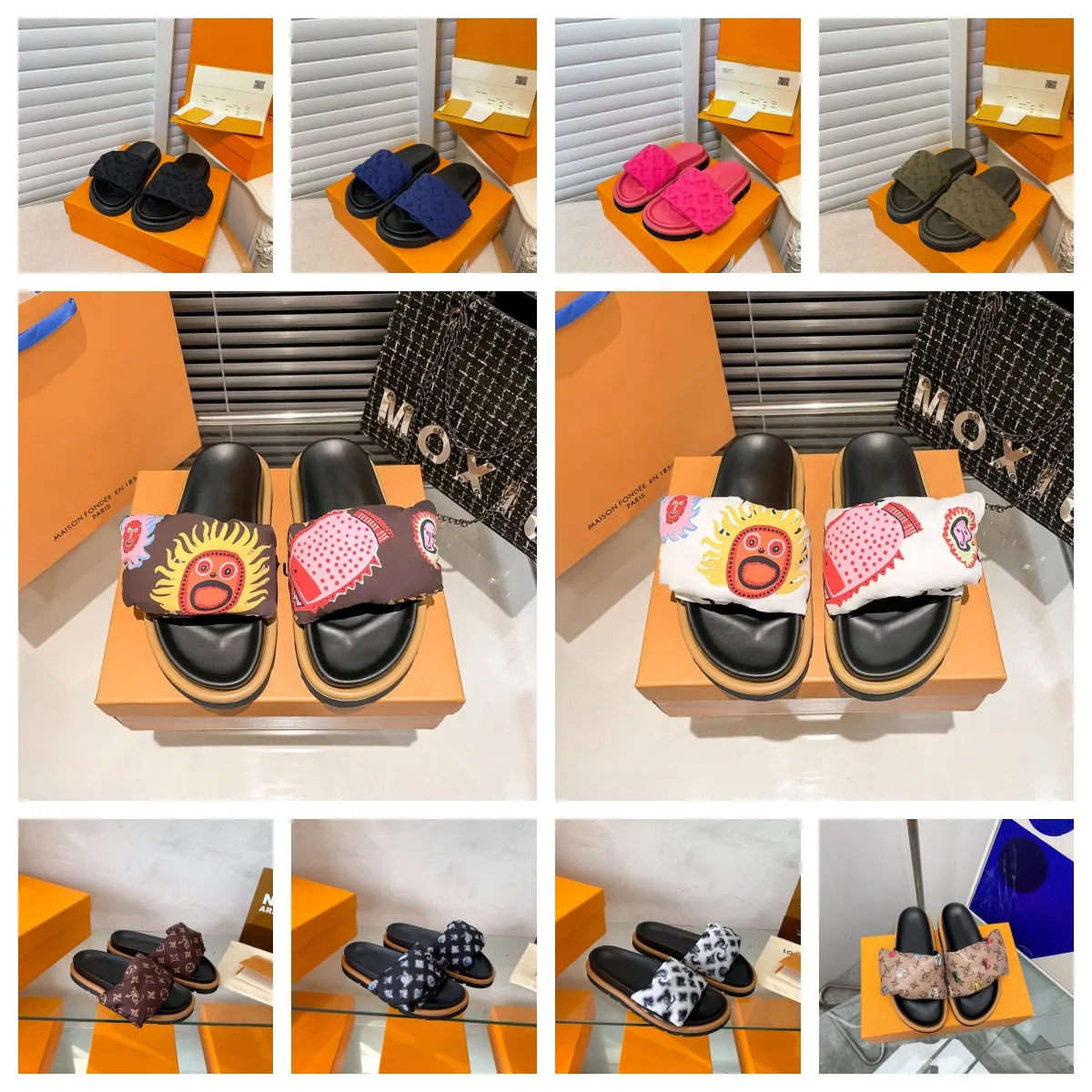 Plateau-Designer-Pool-Pillow-Slipper für Herren und Damen, Komfort, flache Sunset-Pantoletten, einfach zu tragender Stil, Abnutzungsriemen an der Vorderseite, luxuriöse, lässige Slipper, Größe 35–45