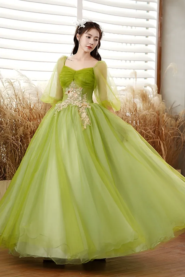 Light Green Princess Rococo Ball Gown Vintage Renaissance Dress, Lantern  Sleeves Veil, Customizable Medieval Costume