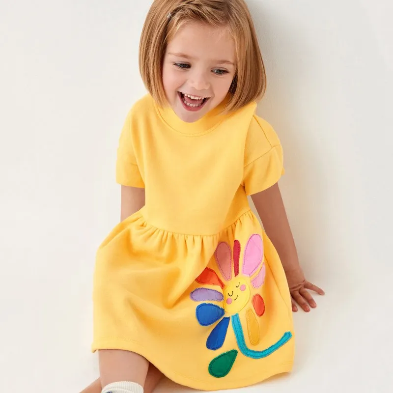 Atlama Metre 2-8 Yıl Yeni Varış Kız Elbiseleri Çiçek Aplike Sıcak Satış Yaz Çocuk Giyim Kısa Kollu Bebek Frocks
