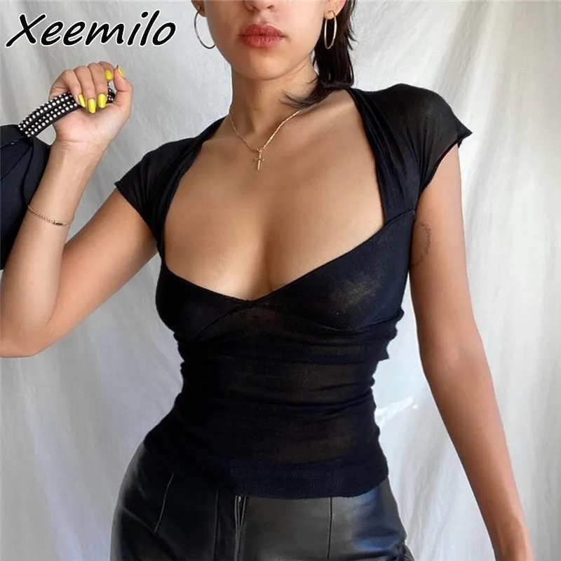 Женская футболка Xeemilo Сексуальная квадратная шея без спинка черная футболка Y2K Эстетическая сетка сетка