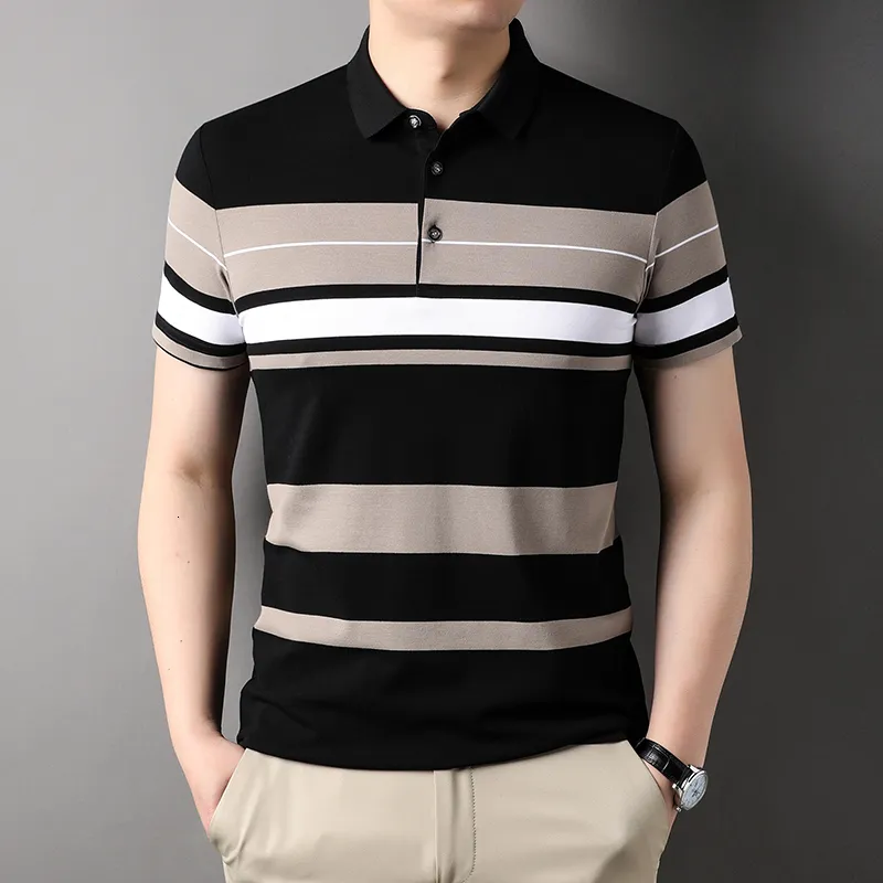 Polos pour hommes polo coréen mens golf été rayé imprimé boutons style d'affaires vêtements de rue à manches courtes T-shirt 230718