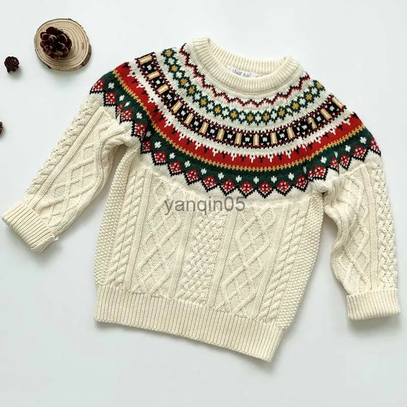 Pullover SWEATER Dzieci Ubrania dla niemowląt jesienne Jacquard długie rękawy Knitowanie swetry zimowe dzieci bawełny bożonarodzeniowe chłopcy dziewczyny pullover tops hkd230719