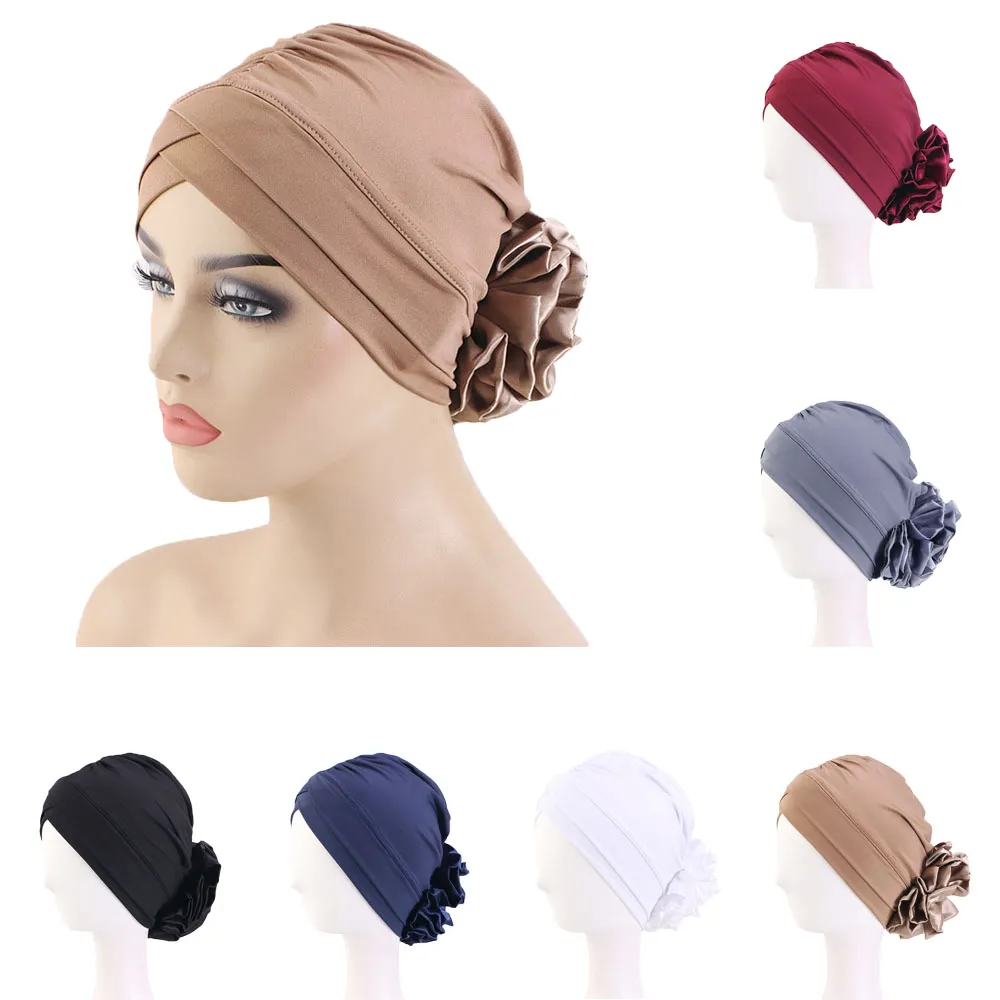 Turbante de flores de satén indio para mujer, hiyab interior musulmán, sombrero plisado, gorro para el cáncer de quimio, pañuelo para la cabeza, gorros elásticos para la caída del cabello, gorro nuevo