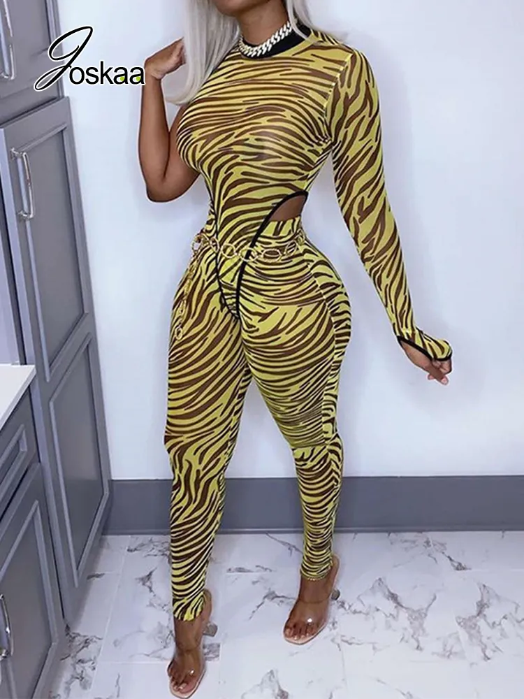 Women's Two Piece Pants Joskaa Zebra Print Mesh Patchwork One shoulder Bodysuit Long pant 2 piece set Sexy See through Outwear Holiday Summer 230718