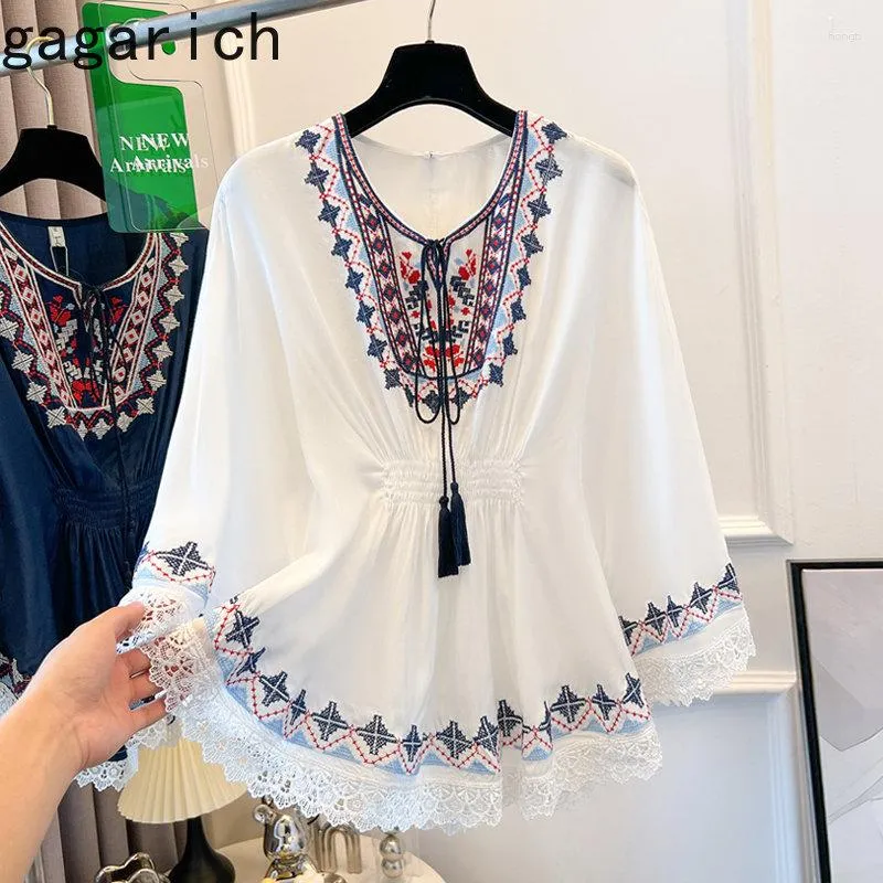 Women's Blouses Gagarich Korean Loose Slimming Waist Top 2023 Women Summer Casual Ethnic Style Retro Embroidery Age Reducing Chiffon Thin