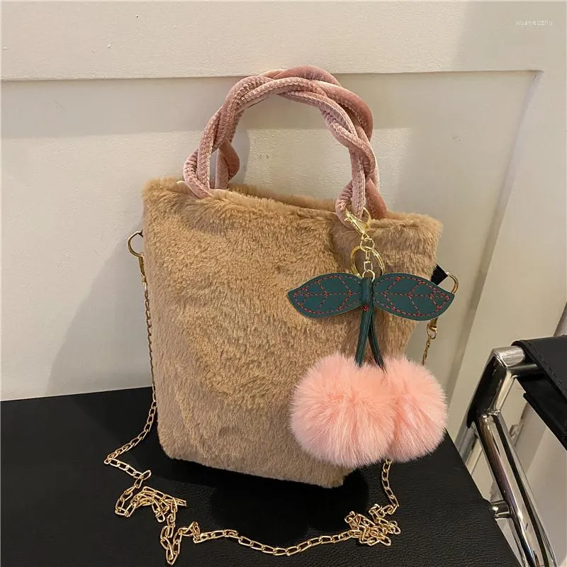 Evening Bags Cute Plush Shoulder Messenger Bag Women Luxury Handbags Purse Female Cherry Fur Ball Bucket Small Brand Crossbody