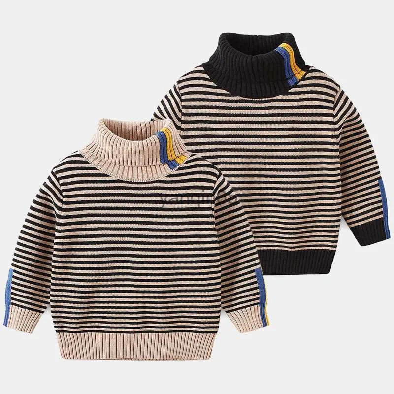 Pullover 2022 Winter Warm 3 4 5 6 8 10 12 Years Teenage Thickening High Neck Knitted Turtleneck Color Striped Sweater For Baby Kids Boys HKD230719