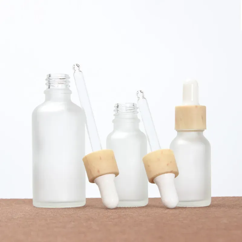 Bottles Vial Cosmetic Container Frosted Glass Jar with Imitated Bamboo Cap 30ml Dropper Bottle Empty