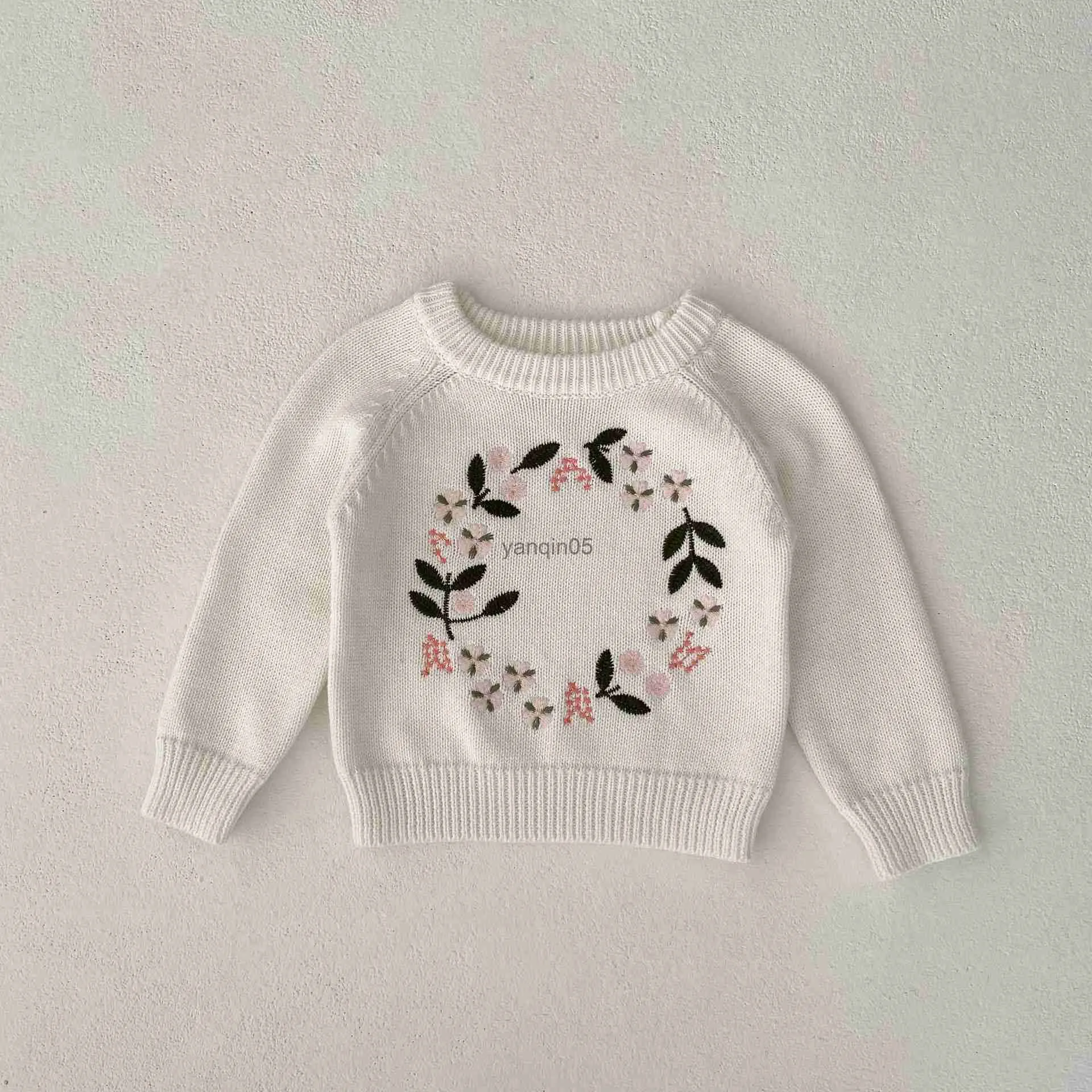 プルオーバー秋の男の子の女の子の赤ちゃんニットプルオーバーシャ​​ツ子供編み刺繍花のセーターキッドコットンニツーツ幼児カジュアルトップHKD230719