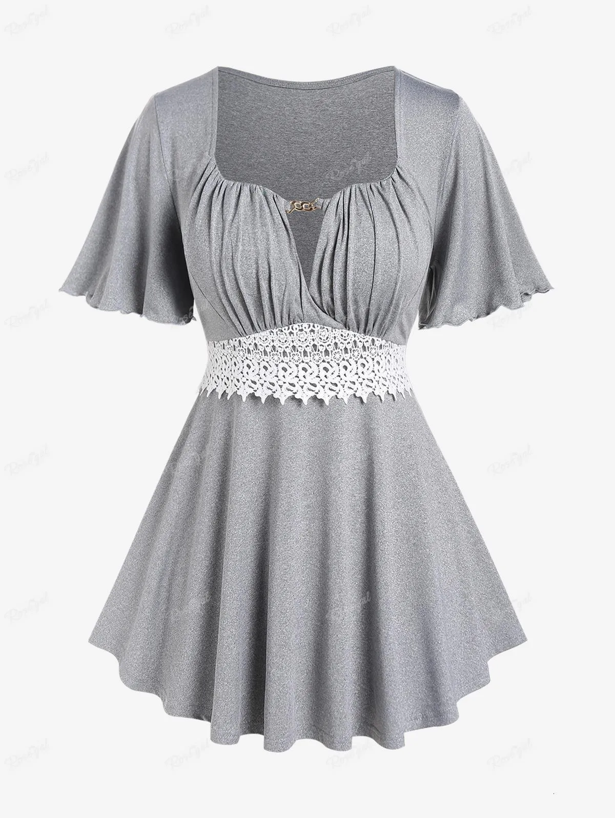 Women s T Shirt ROSEGAL Plus Size Women Colorblock Tees Lace Flutter Sleeves Knot Metal V Neck Tunic Top Gray Streetwear Lettuce Trim 4X 230719