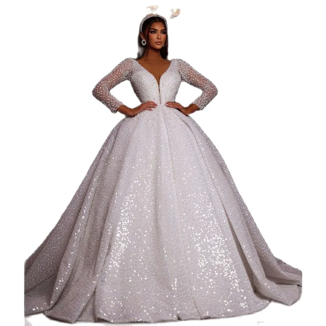 Robes De Balle À Paillettes: Robe Nuptiale Élégante À Manches