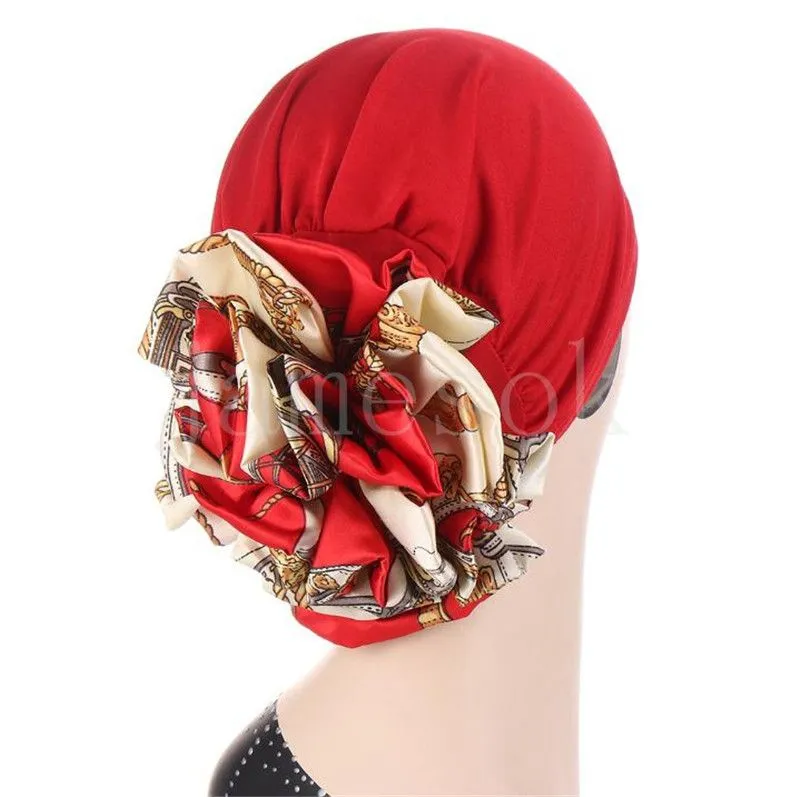 Big Flower Turban Bonnet för kvinnor Muslim under Hijab Caps Solid Color Islamic Inner Hijabs Headwrap Chemo Cap DE611