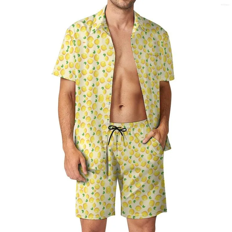 Men's Tracksuits Fresh Yellow Lemon Men Sets Citrus Fruit Print Retro Casual Shirt Set Short-Sleeved Graphic Shorts Summer Beach Suit Plus