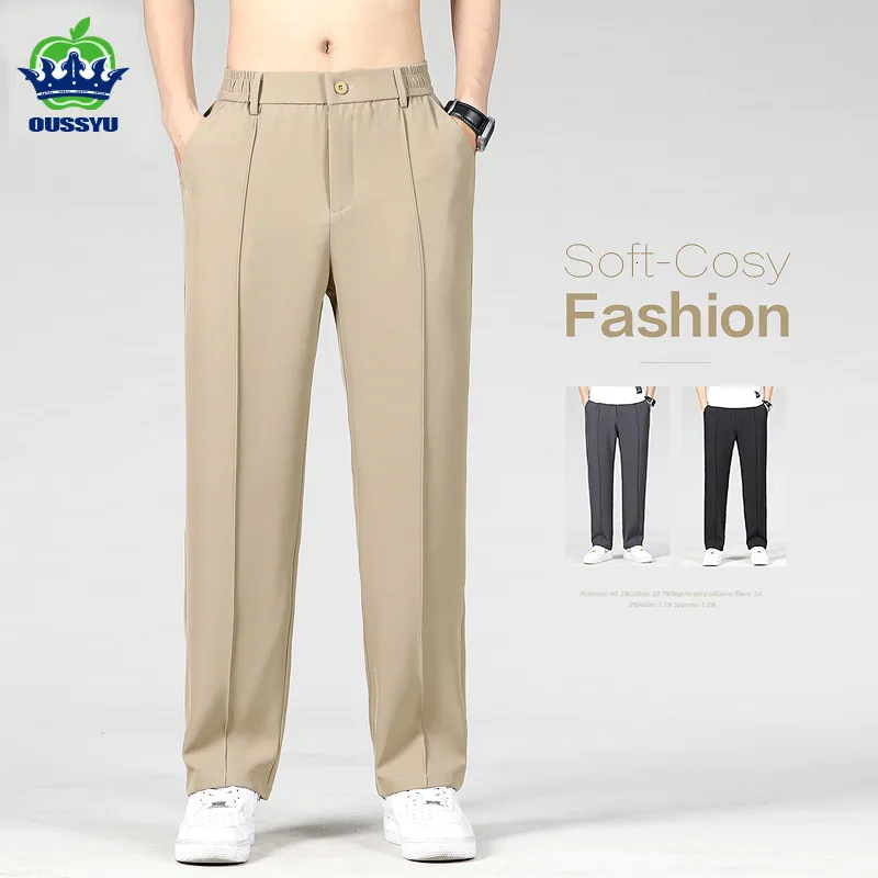Calças masculinas de verão elásticas casuais finas empresariais cintura elástica masculina cáqui solto calça reta roupas plus size M 4XL 230718