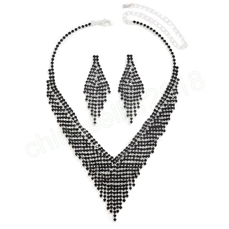 Fashion Black Crystal Stone Kwastje Zilveren Ketting Oorbel voor Vrouwen Bruiloft Sieraden Diepe V Sleutelbeen Keten Geometri Sieraden Gift