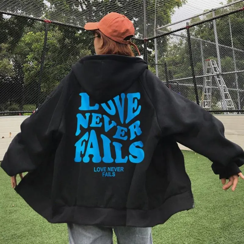 Sweats à capuche pour hommes Blue LOVE NEVER FAILS Retour Imprimé Zipper Harajuku Streetwear À Capuche Pour Femmes Hommes Casual Lâche Zip-up Sweats Tops