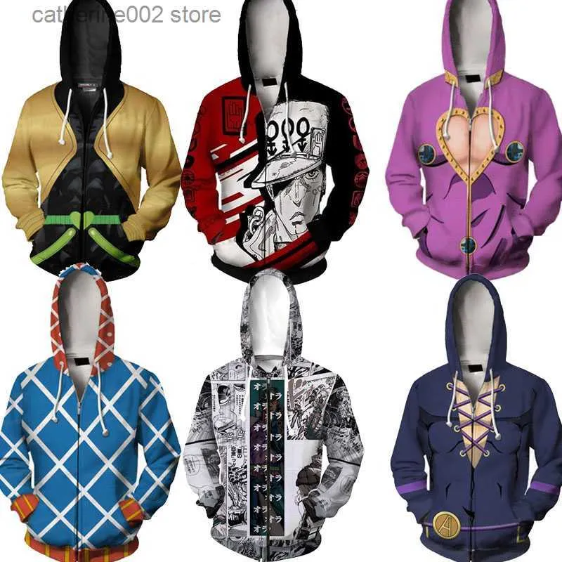 Herrtröjor tröjor anime jojo bisarre äventyr hoodie tröja kira yoshikage guido mista cosplay come jojo hood hoodies casual zipper jacka t230719