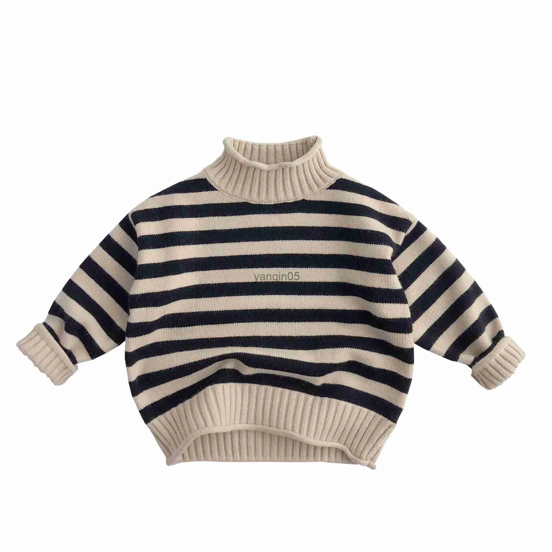 Pullover Winter Toddler Baby Girls Boys Striped Rolled Turtleneck Knitted Sweater Coat Child Knitwear Pullover Kids Outfit Tops 1-8 Years HKD230719