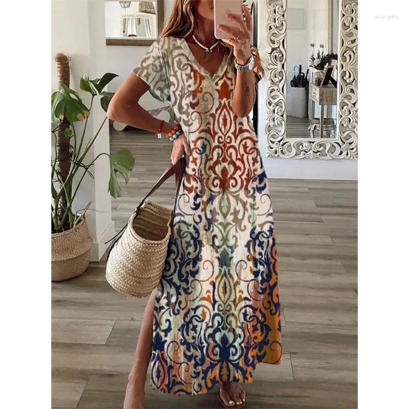 Vestidos casuais vintage floral elegante maxi vestido para mulheres 2023 moda verão decote em v manga curta dividido boho longo festa praia