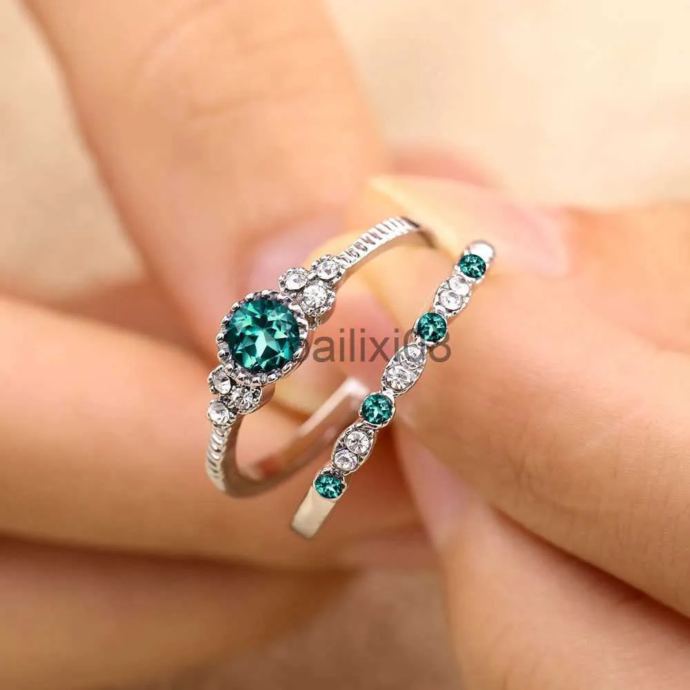 Band Rings 2Pcs/Set 2018 Luxury Green Blue Stone Crystal Rings For Women Sliver Color Zirconia Wedding Engagement Ring Jewelry Size 6 7 8 9 J230719