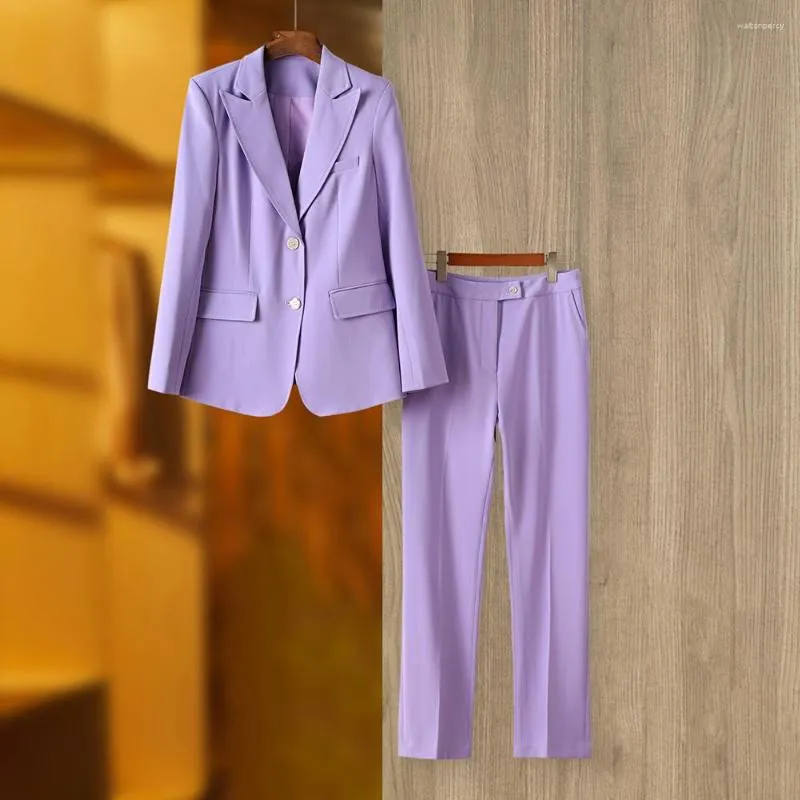 Women's Two Piece Pants Single Breasted Lavender Women Blazer Elegant Solid Color Business Set Fashion OL Lady Suit