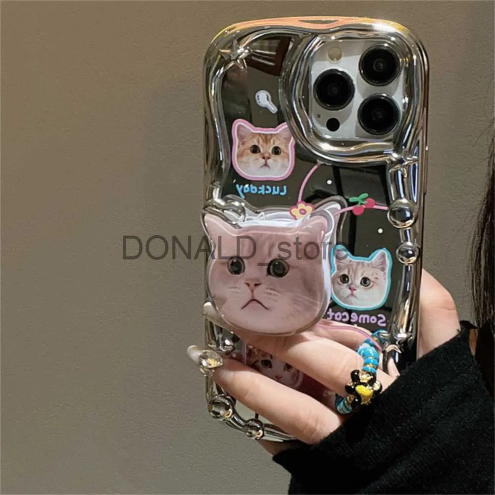 Cell Phone Cases Korean Cute 3D Cat Bracket Star Plating Soft Phone Case For iPhone 14 13 12 11 Pro Max X XS XR Lovely Kitten Shockproof Cover J230719