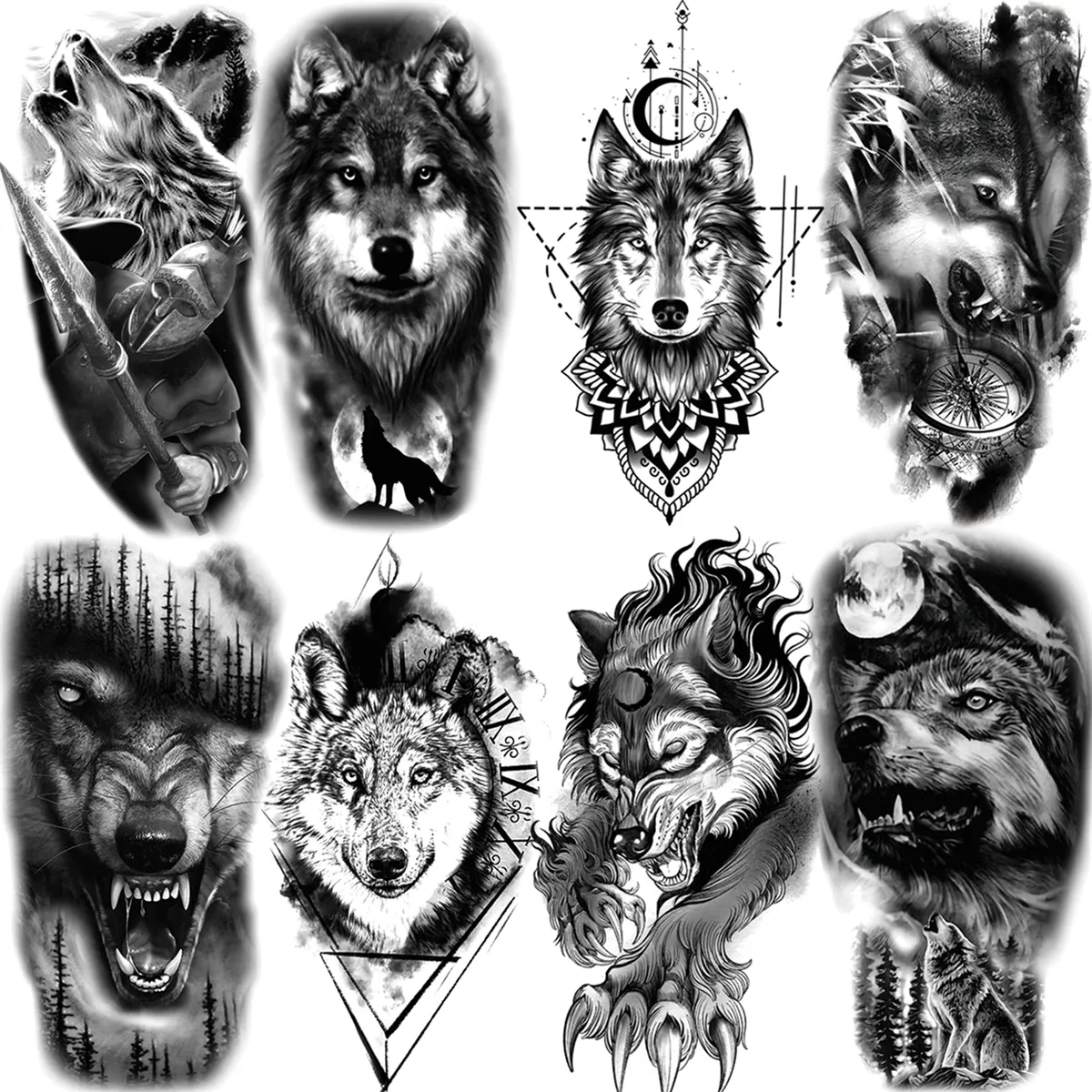Zwarte Geometrische Wolf Maan Tijdelijke Tatoeages Voor Vrouwen Volwassen Mannen Warrior Forest Kompas Fake Tattoo Body Art Wasbaar Tatoo Papier