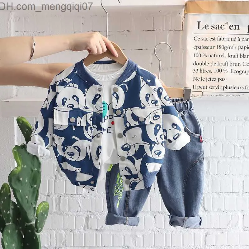 Conjuntos de roupas roupas de algodão infantil terno bebê menino menina dos desenhos animados príncipe panda moletom com capuz calças 3 peças/terno primavera e outono roupas esportivas infantis z230719