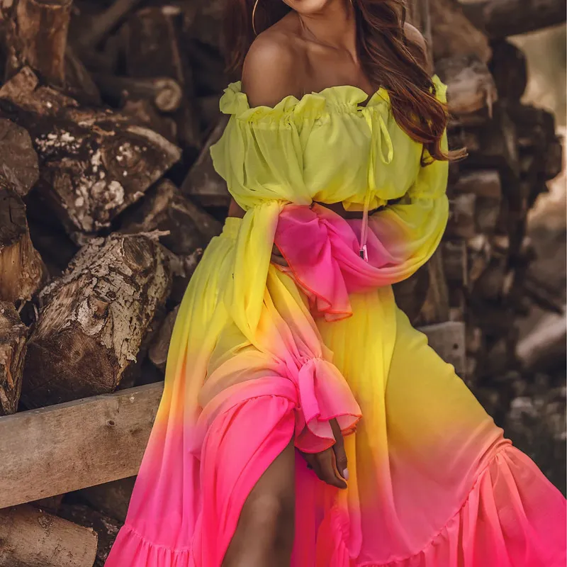 Conjunto de saídas de biquíni de malha transparente básico vestido casual cor degradê amarrar tops curtos saias de banho femininas praia 230718
