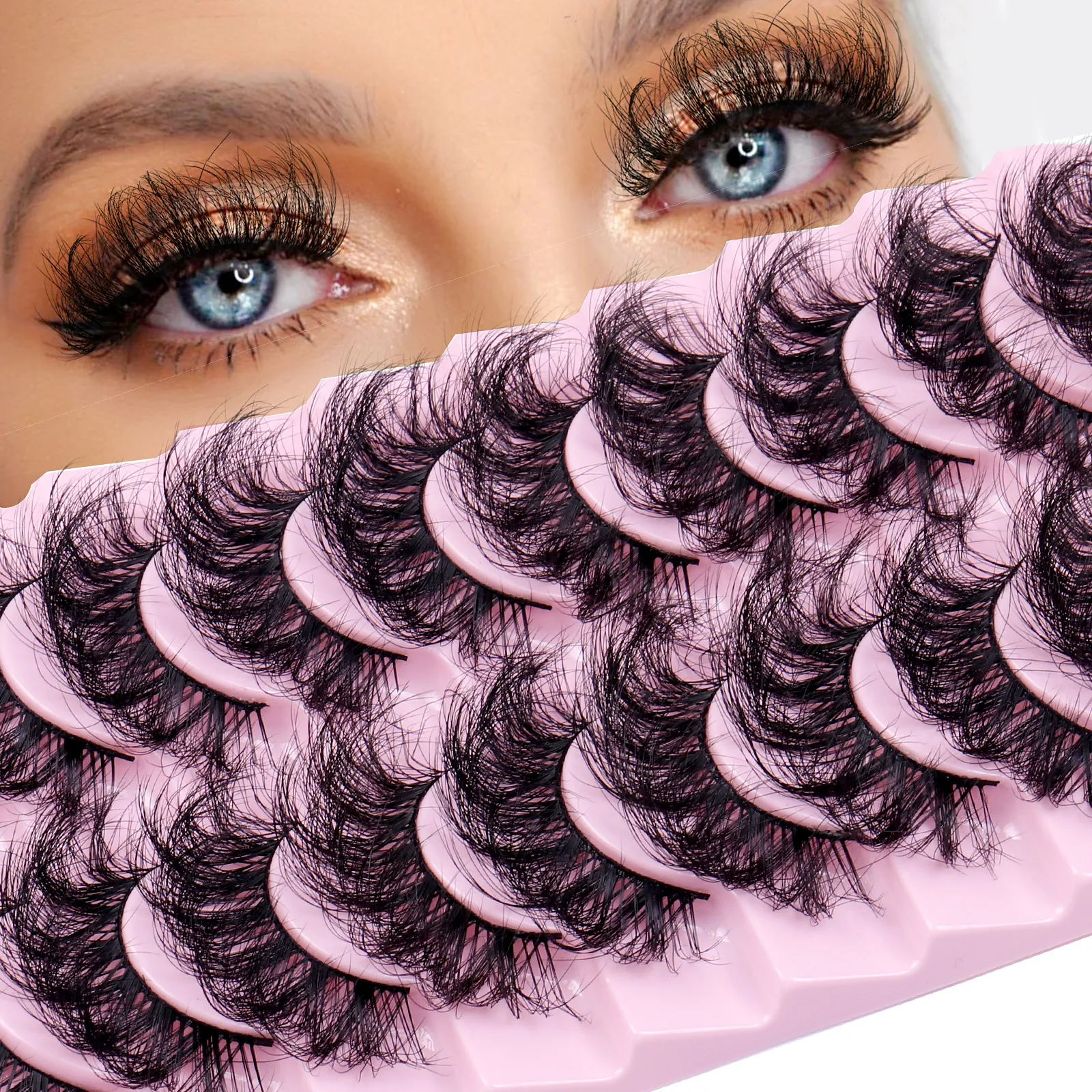 10 Pairs Russian Style D Curl Mink Strip Lashes - Long, Full Curled, Self-Adhesive, Black