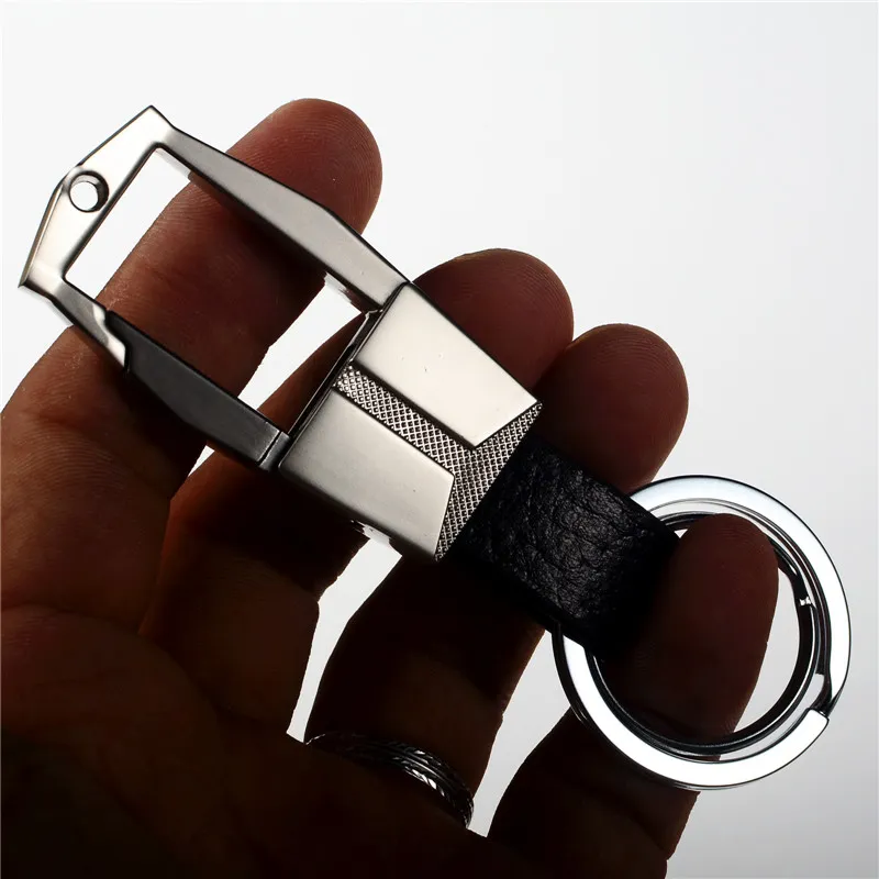 QOONG Fashion Men Keychain Car Keyring Genuine Leather Key Chain Key Ring Metal Auto Key Holder For Men Custom Lettering Y07