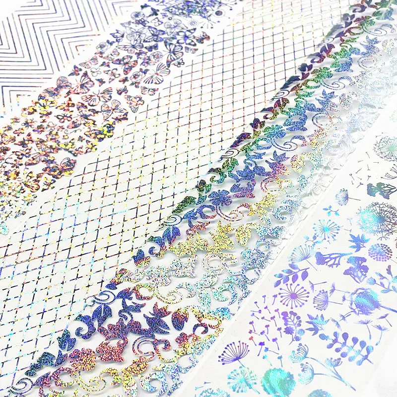 Stickers Decals 100 meter holographic nail foil flower transfer paper laser sticker Taraxacum craft suit butterfly package DIY nail decoration 230718