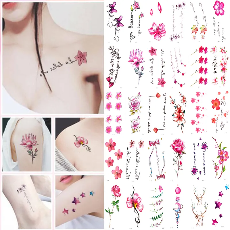 Chaude 30 feuille/lot temporaire tatouage autocollant lettres plume corps Art tatouages étanche fleurs tatouages autocollant faux transfert d'eau