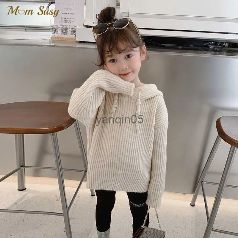 Pullover Baby dziewczyna bawełniany sweter z kapturem żebrowany solidny kolor wiosny jesienna zima dziecko dzianiny z kapturem pullover ubrania dla niemowląt 1-12Y HKD230719