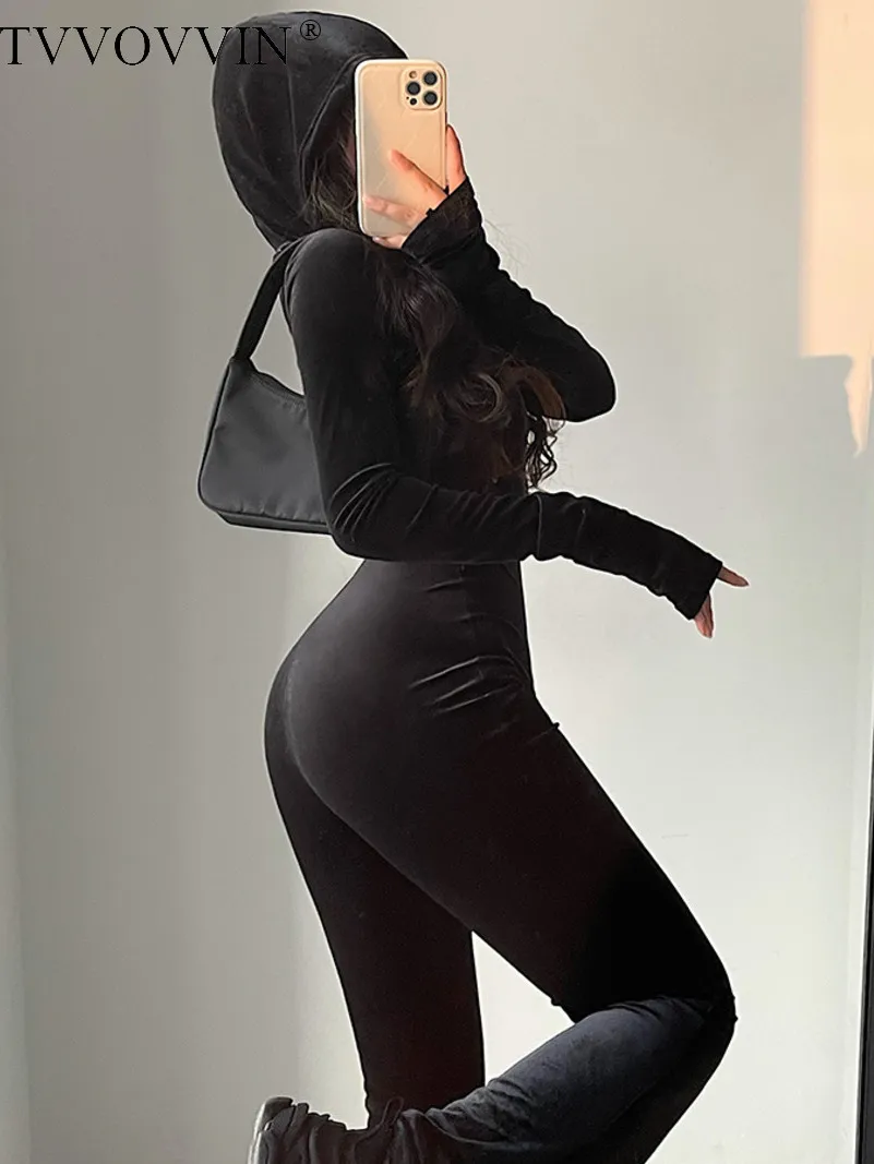 Women's Jumpsuits Rompers TVVOVVIN Fashion Black Velvet Slim Hooded Zipper Long Sleeve Flare Pants Jumpsuit Korean Sexy Tops 2023 9P64 230718