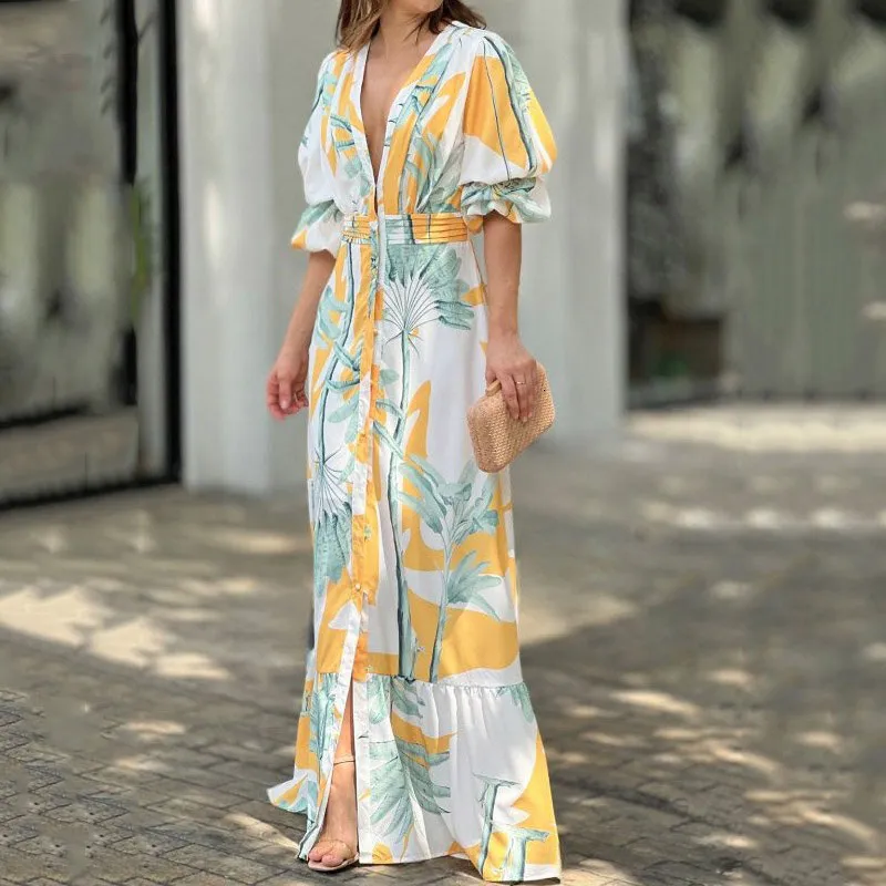 Robes décontractées de base Ellafad Maxi Dress Été Élégant Imprimé Manches Courtes Bouffantes Col En V Taille Pinces Mince Une Rangée Bouton Beach Party 230718