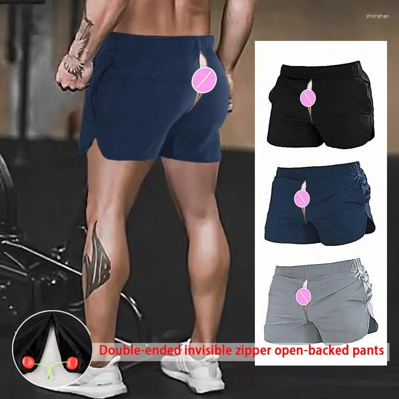 Shorts Masculino Treino Muscular Zíper Invisível Abertura Virilha Corrida Ao Ar Livre Curto Verão Calça Elástica de Secagem Rápida Moletom Roupas