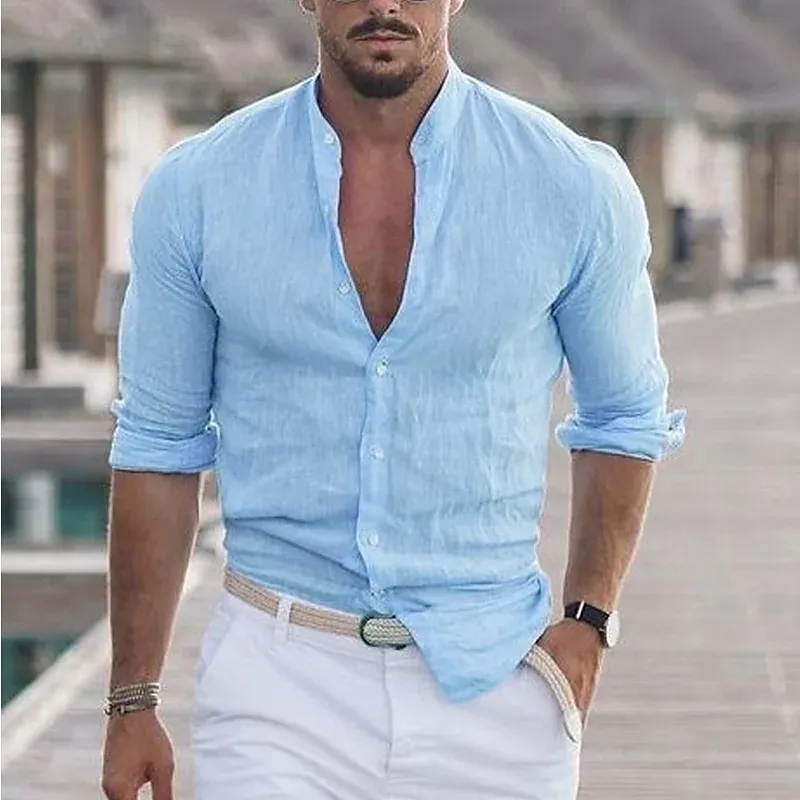 JMIERR Men's Cotton Linen Button Down Shirt - Light Blue Long Sleeve Casual Dress Shirt - View #6