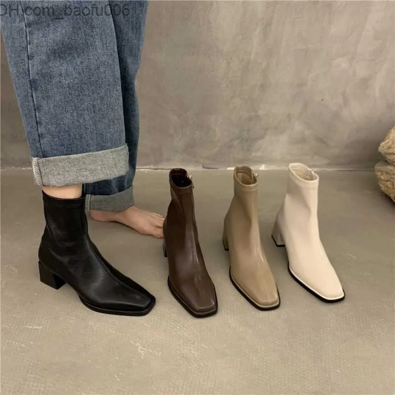 Bottes Bottines à bout carré pour femmes, chaussures élastiques, bottes fines, noir/marron/beige, robe à fermeture éclair au dos, bottes chaussettes, tailles pour femmes 35-40 Z230719