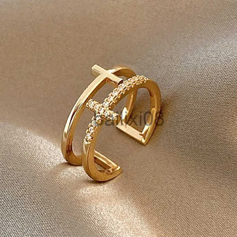 Band Rings Trendy Minimalist Gold Color Cross Rings Geometric Double Layer Open Adjustable Finger Ring For Women Party Wedding Jewelry Gift J230719