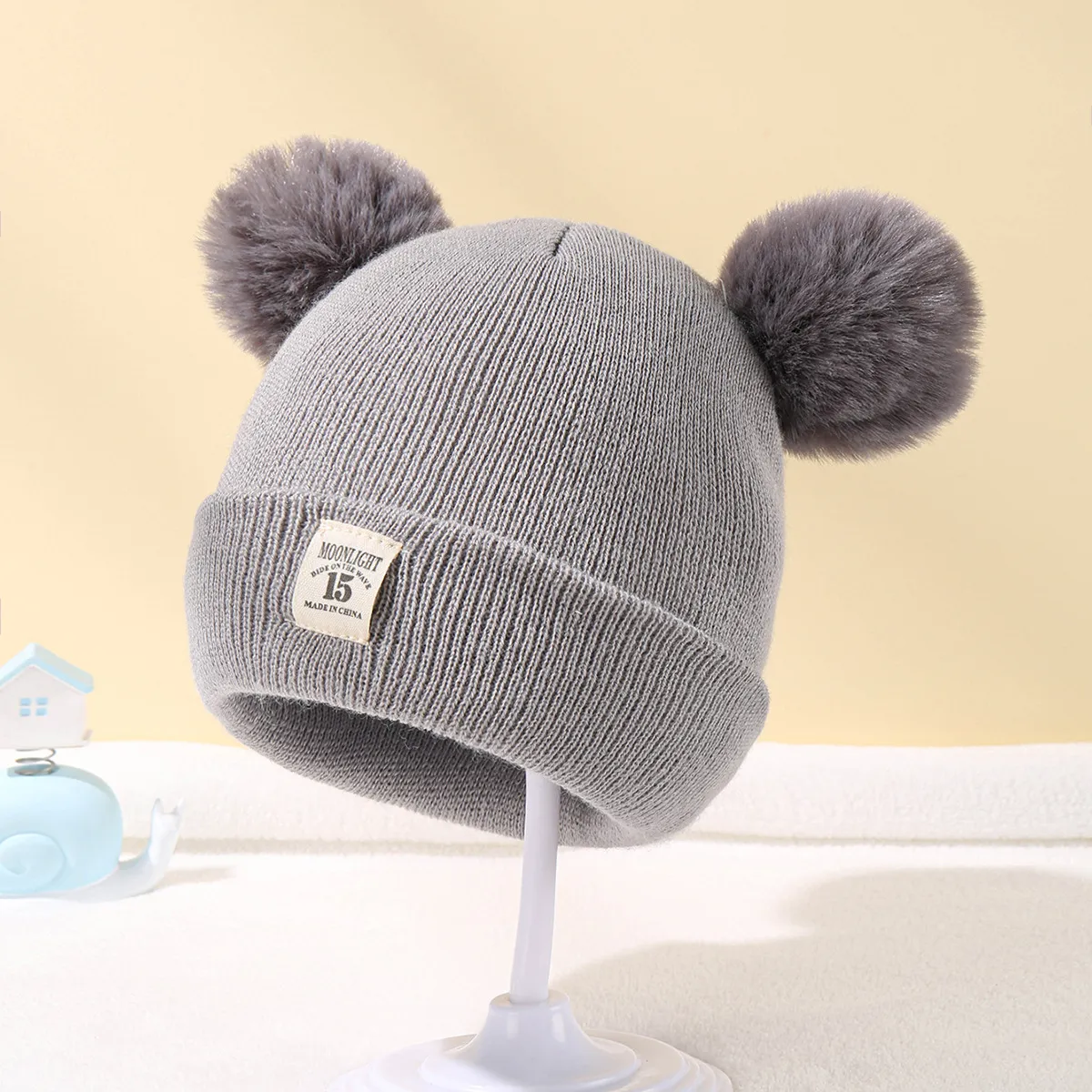 Cappello a doppia sfera per bambini in lana tinta unita in acrilico Cappello lavorato a maglia con etichetta in tessuto per bambini autunno e inverno DH057