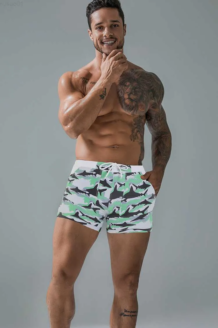 Mäns shorts Summer Beach Swimming Trunks Men quarter Boxer Print Lace Up Plus Size Swimming Foder rakt Micro Elastic Sexy Shorts L230719